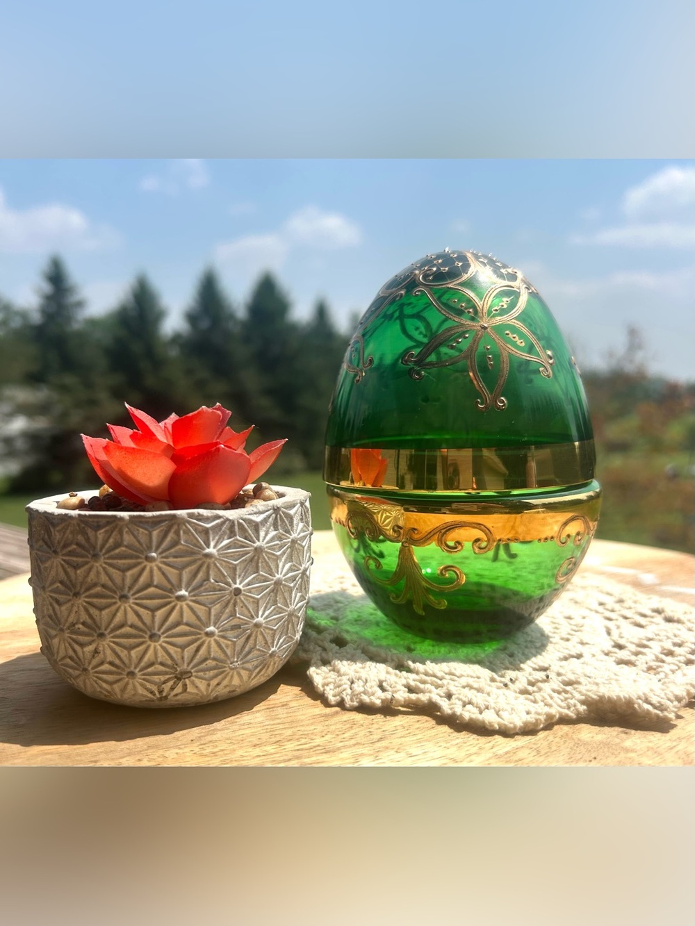 Vintage Bohemian Art Glass Egg - Hand-Painted Floral Details, Gold Trim